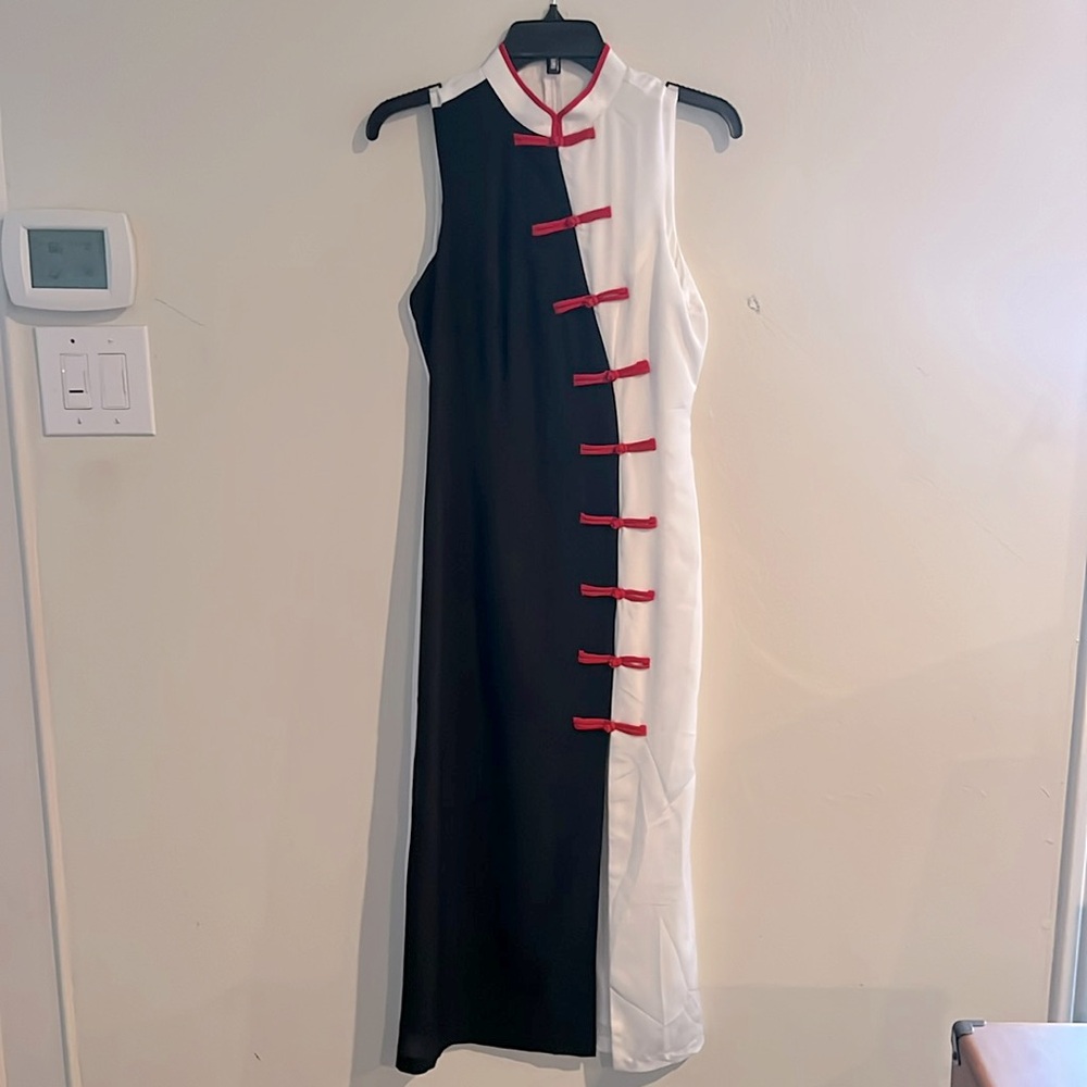 Vintage Black White Red Cheongsam Yin Yang Red Frog Closures Maxi Dress Small - Picture 1 of 4